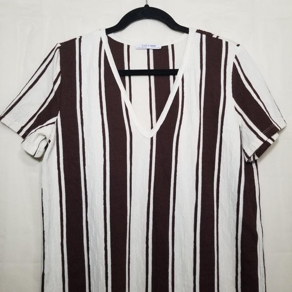 Zara Trafaluc textured knit midi shift dress brown ivory size L vertical stripes - Picture 3 of 7